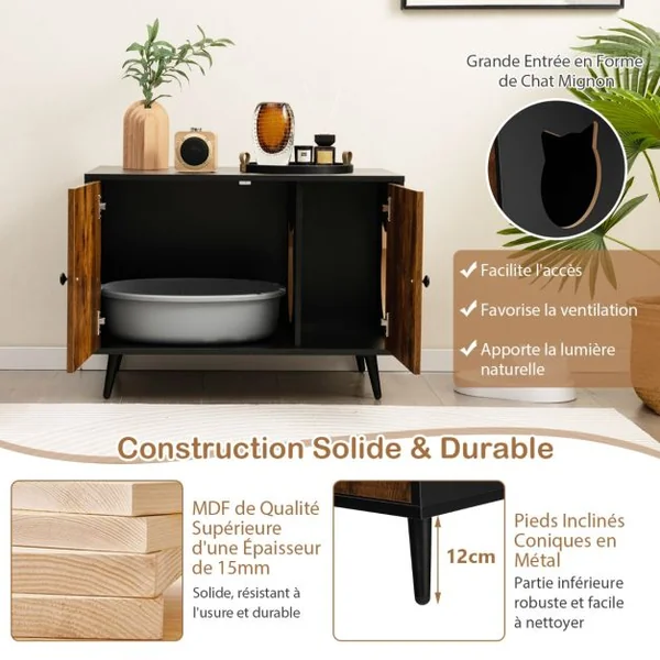 Maison de Toilette pour Chat à Double Portes 80x50x57 CM Meuble/Bac à Litière industriel avec Pieds de Support en Métal