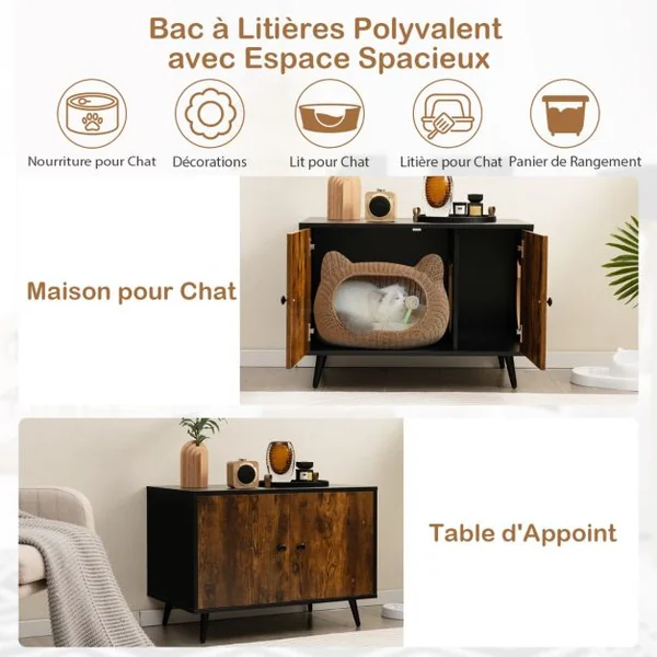 Maison de Toilette pour Chat à Double Portes 80x50x57 CM Meuble/Bac à Litière industriel avec Pieds de Support en Métal