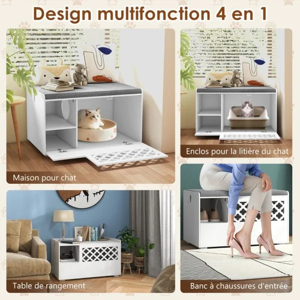Maison de Toilettes pour Chat avec Coussin Amovible Meuble Bac à Litière avec Crochet Latéral et Porte Rabattable Blanc