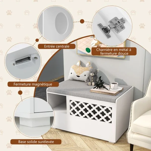 Maison de Toilettes pour Chat avec Coussin Amovible Meuble Bac à Litière avec Crochet Latéral et Porte Rabattable Blanc