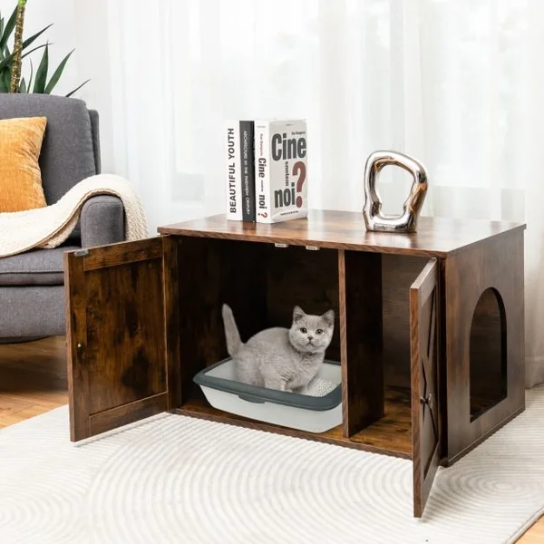 Maison de Toilettes pour Chat avec Double Portes Meuble à Litière avec Panneau Cloisonné Amovible Style Industriel