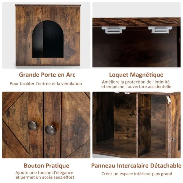 Maison de Toilettes pour Chat avec Double Portes Meuble à Litière avec Panneau Cloisonné Amovible Style Industriel