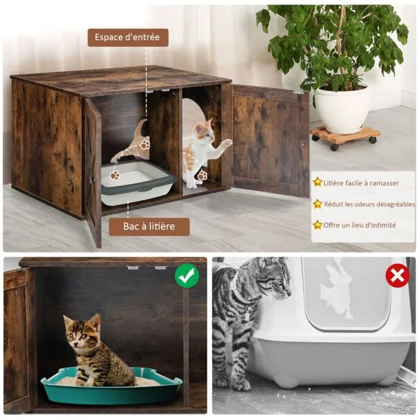 Maison de Toilettes pour Chat avec Double Portes Meuble à Litière avec Panneau Cloisonné Amovible Style Industriel