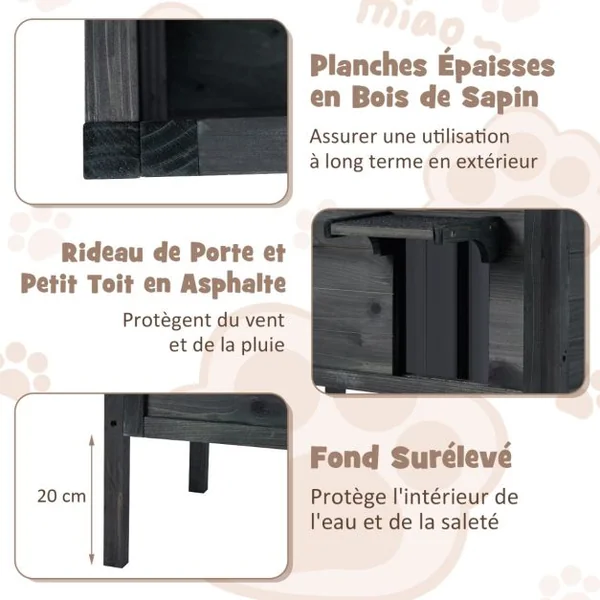 Maison d'Extérieur Isolée pour Chat pour l'Hiver en Bois Résistante Aux Intempéries Isolation en Mousse Toit en Asphalte Ouvrable Gris
