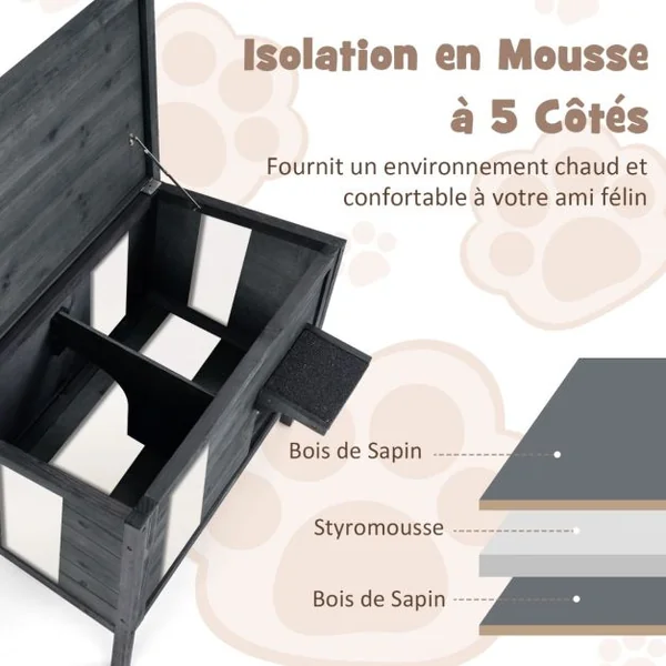 Maison d'Extérieur Isolée pour Chat pour l'Hiver en Bois Résistante Aux Intempéries Isolation en Mousse Toit en Asphalte Ouvrable Gris