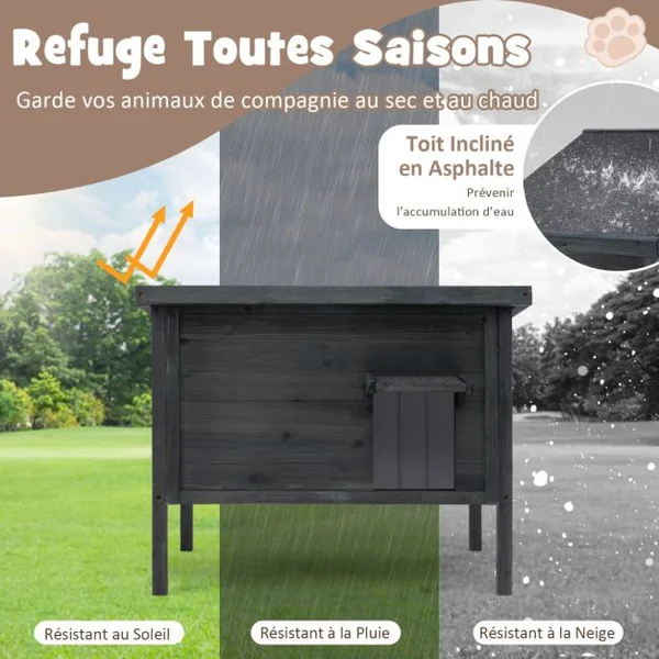 Maison d'Extérieur Isolée pour Chat pour l'Hiver en Bois Résistante Aux Intempéries Isolation en Mousse Toit en Asphalte Ouvrable Gris