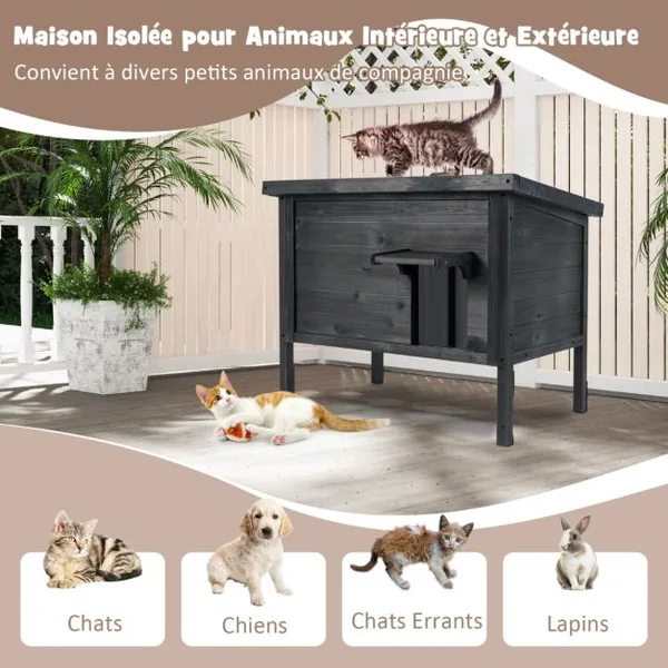 Maison d'Extérieur Isolée pour Chat pour l'Hiver en Bois Résistante Aux Intempéries Isolation en Mousse Toit en Asphalte Ouvrable Gris