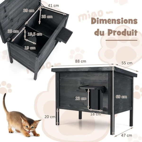 Maison d'Extérieur Isolée pour Chat pour l'Hiver en Bois Résistante Aux Intempéries Isolation en Mousse Toit en Asphalte Ouvrable Gris