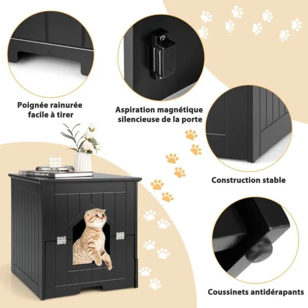 Maison pour Chat avec Demi-porte Magnétique Rabattable 48x51x50,5 CM Meuble à Litière pour Chat avec Poignée Rainurée Noir