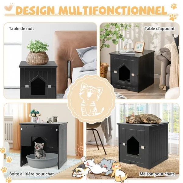 Maison pour Chat avec Demi-porte Magnétique Rabattable 48x51x50,5 CM Meuble à Litière pour Chat avec Poignée Rainurée Noir