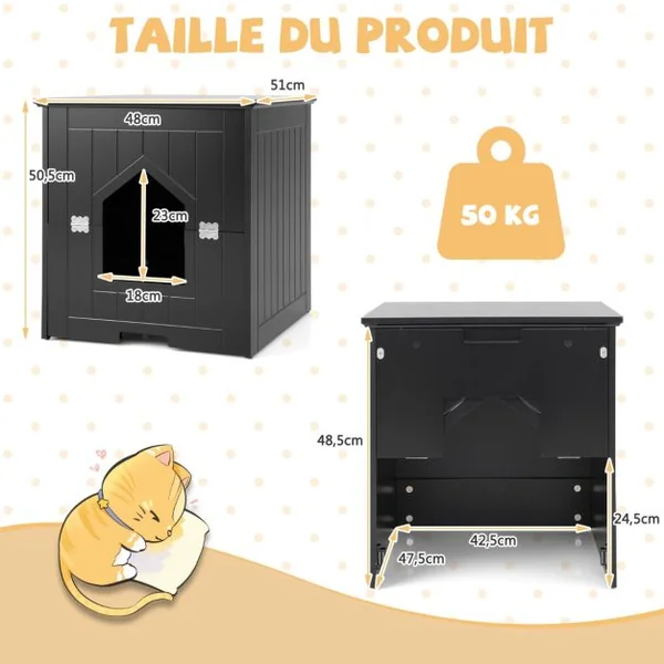 Maison pour Chat avec Demi-porte Magnétique Rabattable 48x51x50,5 CM Meuble à Litière pour Chat avec Poignée Rainurée Noir