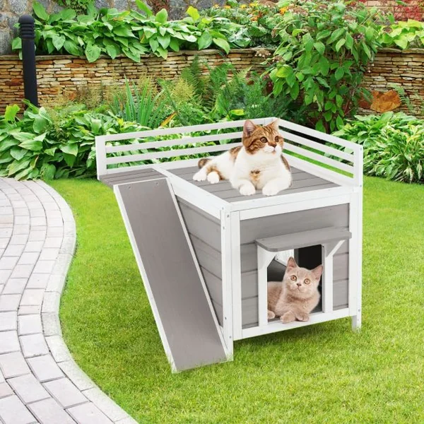 Maison pour Chat Niche pour Animaux en Bois avec Balcon Rampe d'Escalade et Garde-corps de Protection Intérieur/Extérieur
