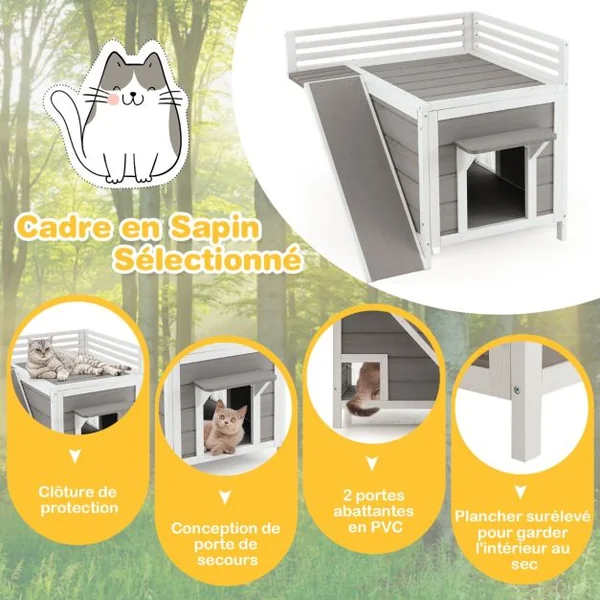 Maison pour Chat Niche pour Animaux en Bois avec Balcon Rampe d'Escalade et Garde-corps de Protection Intérieur/Extérieur