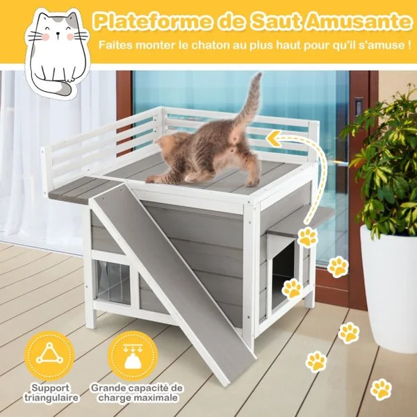Maison pour Chat Niche pour Animaux en Bois avec Balcon Rampe d'Escalade et Garde-corps de Protection Intérieur/Extérieur