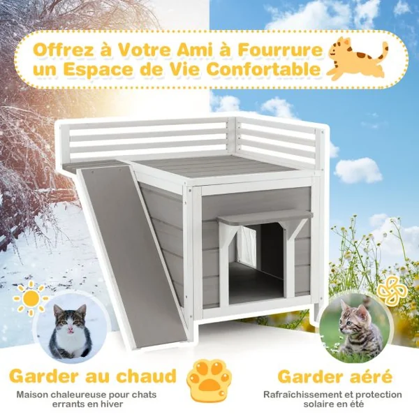 Maison pour Chat Niche pour Animaux en Bois avec Balcon Rampe d'Escalade et Garde-corps de Protection Intérieur/Extérieur