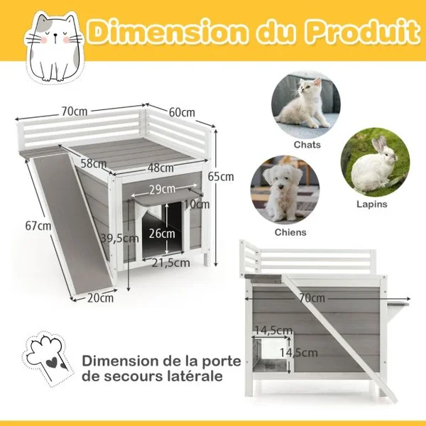 Maison pour Chat Niche pour Animaux en Bois avec Balcon Rampe d'Escalade et Garde-corps de Protection Intérieur/Extérieur