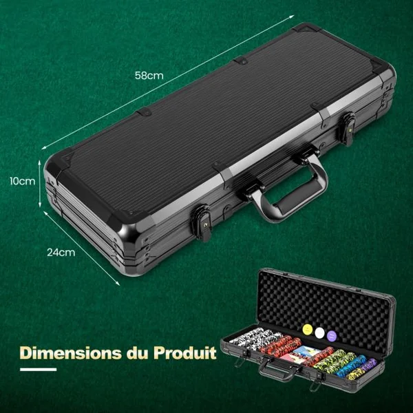 Mallette de 500 Jetons de Poker Texas Hold’em de 14 G Étui en Aluminium Jeux de Cartes 3 Jetons Dealer 5 Dés pour Casino Rassemblements Noir