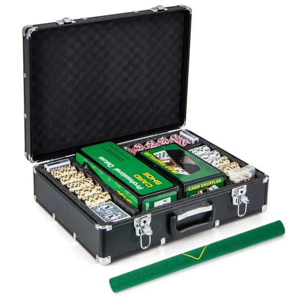 Mallette de Poker 600 Jetons 6 Jeux de 54 Cartes 5 dés 3 Dealer Croupiers et Mélangeur de Cartes Feutre de Poker Noir
