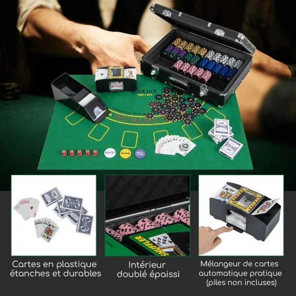 Mallette de Poker 600 Jetons 6 Jeux de 54 Cartes 5 dés 3 Dealer Croupiers et Mélangeur de Cartes Feutre de Poker Noir
