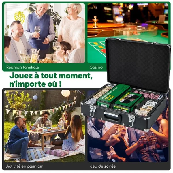 Mallette de Poker 600 Jetons 6 Jeux de 54 Cartes 5 dés 3 Dealer Croupiers et Mélangeur de Cartes Feutre de Poker Noir