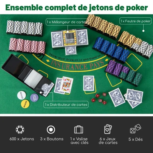 Mallette de Poker 600 Jetons 6 Jeux de 54 Cartes 5 dés 3 Dealer Croupiers et Mélangeur de Cartes Feutre de Poker Noir