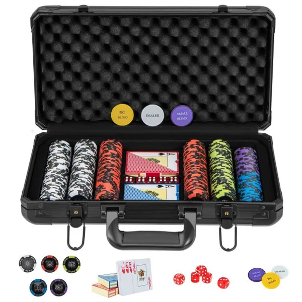 Mallette de Poker en Aluminium 300 Jetons 2 Jeux de Cartes 5 Dés et 3 Jetons de Croupier Coffret de Poker Noir