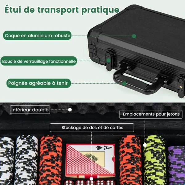 Mallette de Poker en Aluminium 300 Jetons 2 Jeux de Cartes 5 Dés et 3 Jetons de Croupier Coffret de Poker Noir