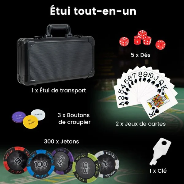 Mallette de Poker en Aluminium 300 Jetons 2 Jeux de Cartes 5 Dés et 3 Jetons de Croupier Coffret de Poker Noir