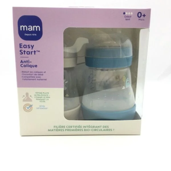 MAM 2 Biberons Easy Start Anti Colique 160ml - Bleu + Gris 0 Mois et + Tétine Débit 1Lent 9001616836503