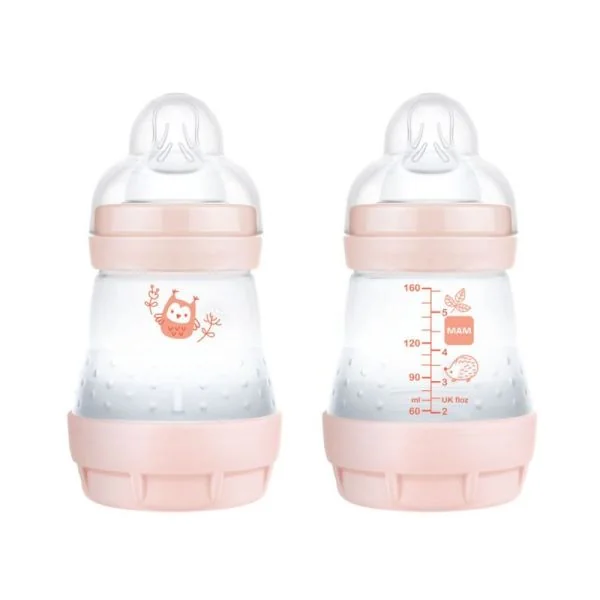 MAM 2 Biberons Easy Start Anti Colique 160ml Blush - 0 Mois et + Tétine Débit 1