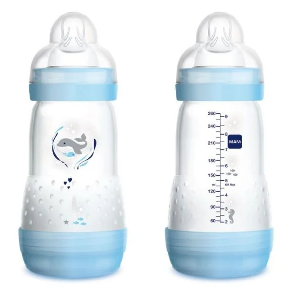 MAM 2 Biberons Easy Start Anti Colique 260ml Bleu+Gris 0 Mois Tétine Débit 2