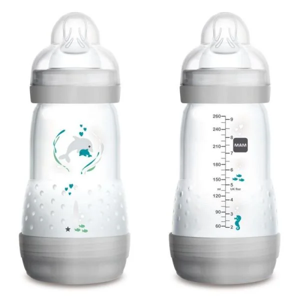 MAM 2 Biberons Easy Start Anti Colique 260ml Bleu+Gris 0 Mois Tétine Débit 2