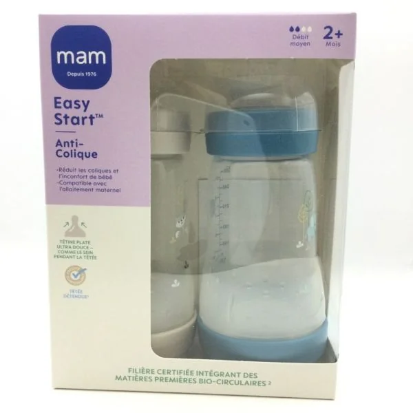 MAM 2 Biberons Easy Start Anti Colique 260ml Bleu+Gris 2 Mois Tétine Débit 2 Moyens 9001616836565