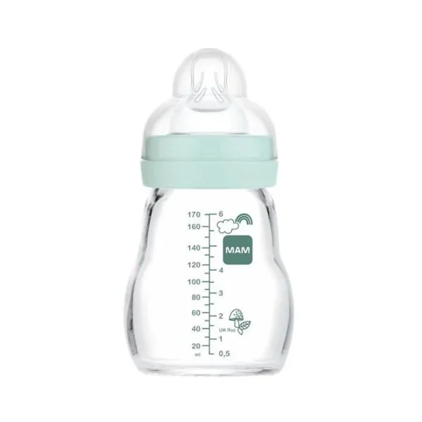 MAM Biberon en Verre Premium 170ml Nature Aqua - 0 Mois et + - Tétine SkinSoft Débit 1 Lent
