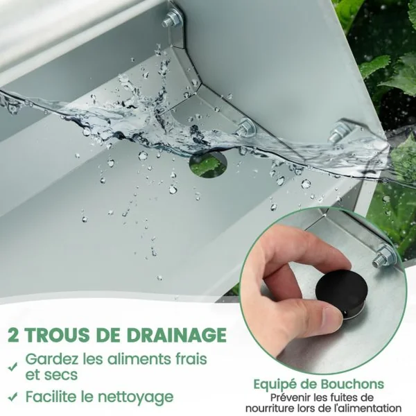Mangeoire à Poulet en Métal Mangeoire pour Poules en Métal Galvanisé Trous de Drainage Poignée Rotative Mangeoire à Volaille Argent