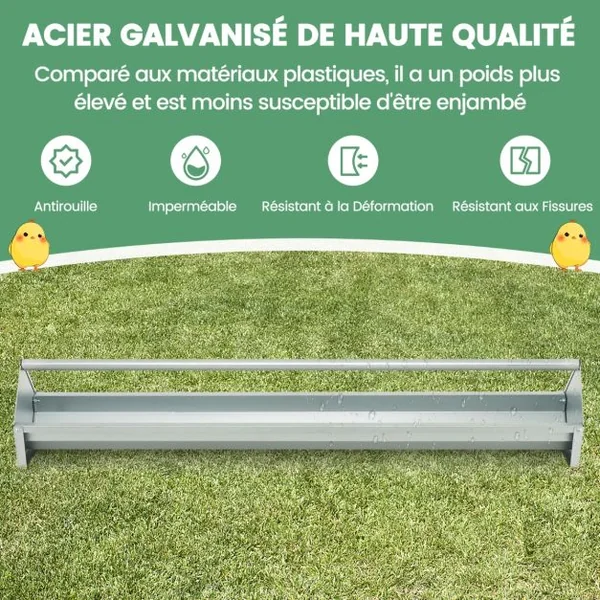 Mangeoire à Poulet en Métal Mangeoire pour Poules en Métal Galvanisé Trous de Drainage Poignée Rotative Mangeoire à Volaille Argent