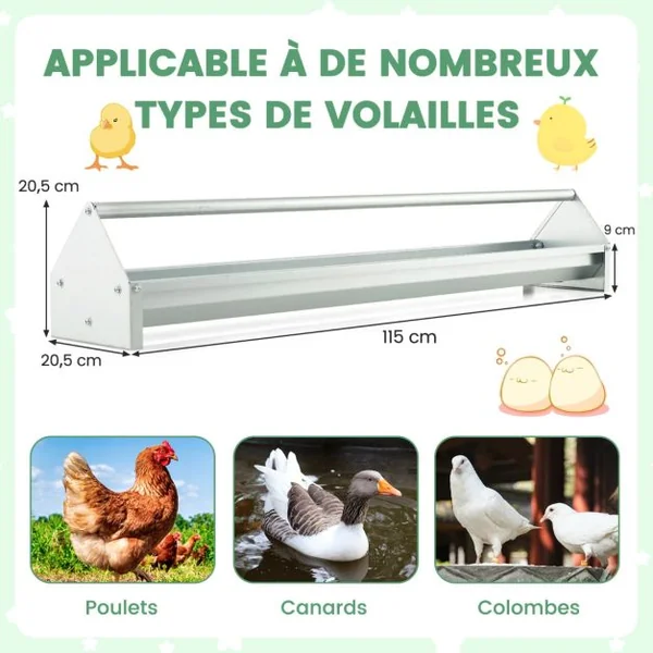 Mangeoire à Poulet en Métal Mangeoire pour Poules en Métal Galvanisé Trous de Drainage Poignée Rotative Mangeoire à Volaille Argent