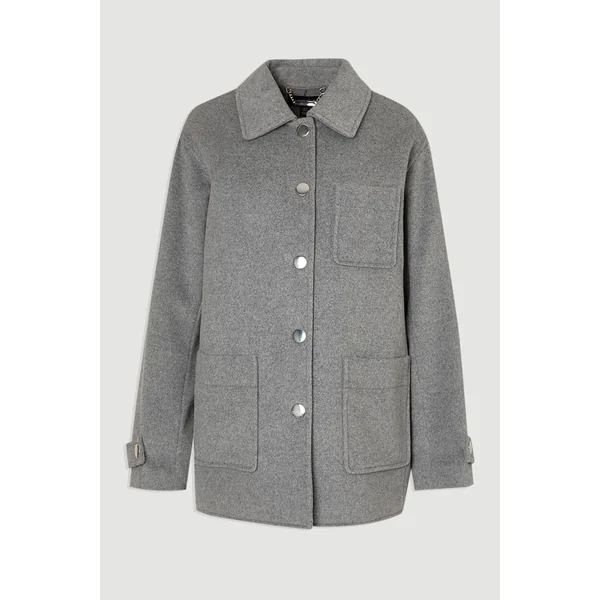 Manteau Ajusté Mi-Long en Laine Brossée avec Poches Plaquées