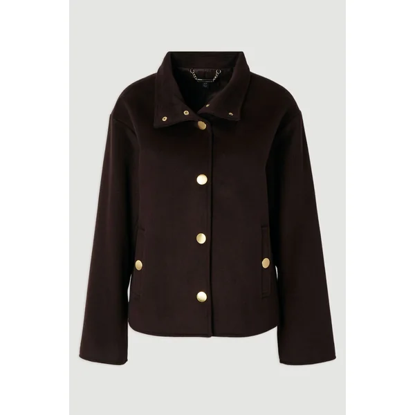 Manteau Court Ajusté en Laine Brossée à Col Montant
