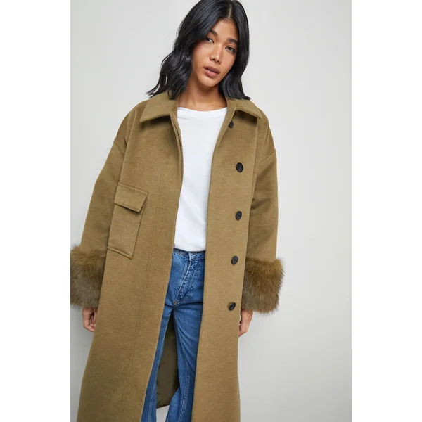 Manteau Long à Poches Plaquées et Poignets en synthétique