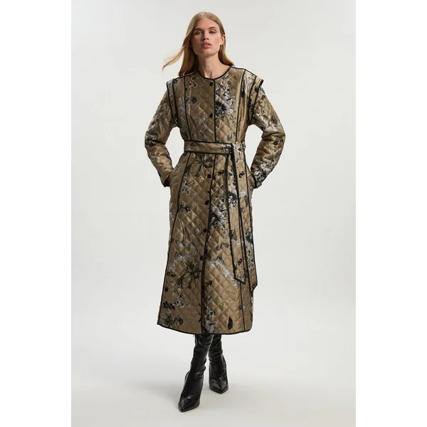 Manteau Mi-Long Matelassé Sans Col à Imprimé Jacquard Petite