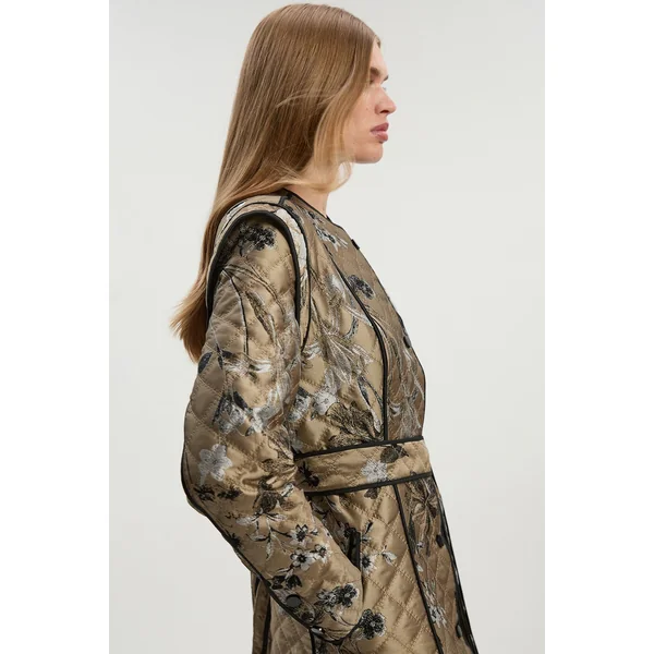 Manteau Mi-Long Matelassé Sans Col à Imprimé Jacquard Petite