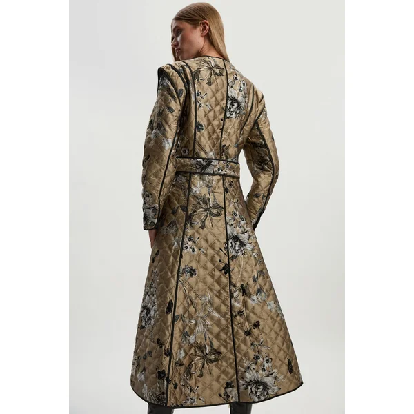 Manteau Mi-Long Matelassé Sans Col à Imprimé Jacquard Petite