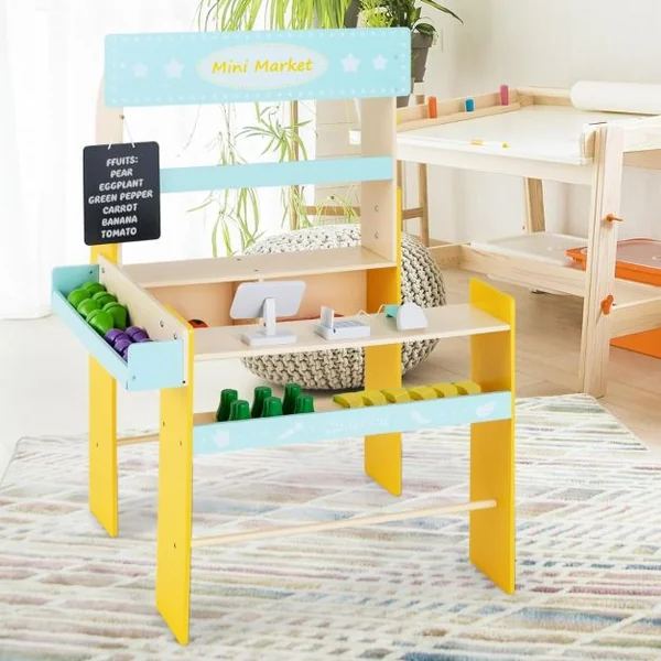 Marchande Enfant 3 Ans+ en Bois 36 Légumes et Fruits Machine POS Tableau Noir et Scanner Bleu