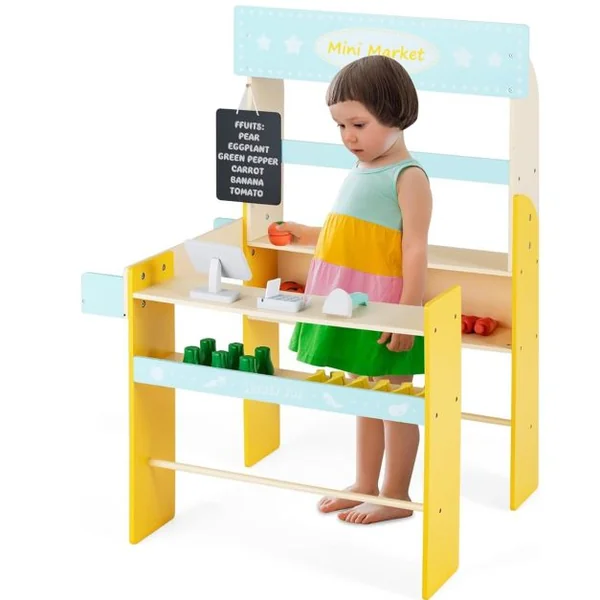 Marchande Enfant 3 Ans+ en Bois 36 Légumes et Fruits Machine POS Tableau Noir et Scanner Bleu