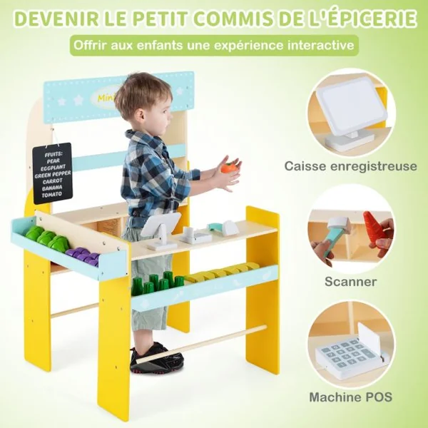 Marchande Enfant 3 Ans+ en Bois 36 Légumes et Fruits Machine POS Tableau Noir et Scanner Bleu