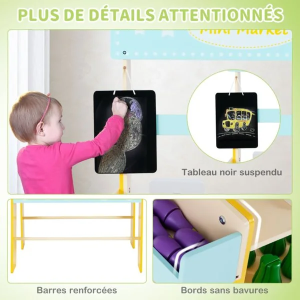 Marchande Enfant 3 Ans+ en Bois 36 Légumes et Fruits Machine POS Tableau Noir et Scanner Bleu