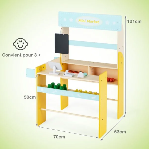 Marchande Enfant 3 Ans+ en Bois 36 Légumes et Fruits Machine POS Tableau Noir et Scanner Bleu