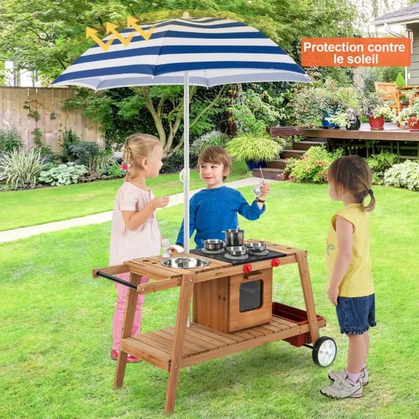 Marchande Enfant avec Accessoires Voiture Restaurant avec Parasol pour Vendeurs Ambulants Bois 114 x 48 x 59 CM