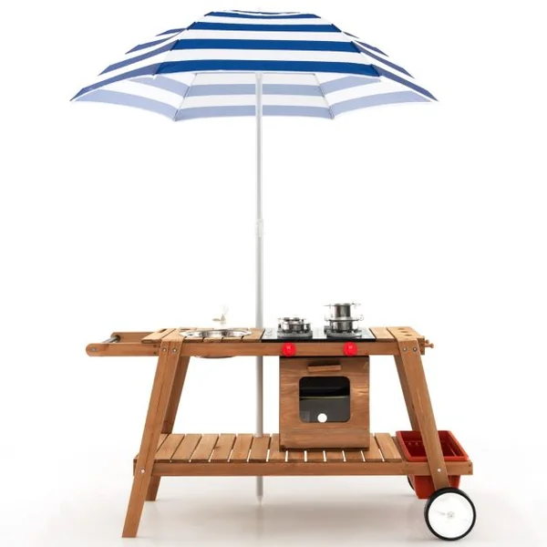 Marchande Enfant avec Accessoires Voiture Restaurant avec Parasol pour Vendeurs Ambulants Bois 114 x 48 x 59 CM